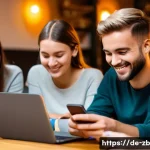 소셜미디어에서 감정 표현하기 - A vibrant social media scene showing diverse German young adults casually interacting on their smart...