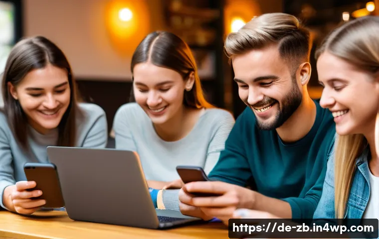 소셜미디어에서 감정 표현하기 - A vibrant social media scene showing diverse German young adults casually interacting on their smart...