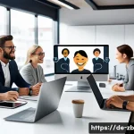 소셜미디어에서의 대화의 중요성 - A modern digital workspace scene showing a diverse group of professionals engaged in a virtual meeti...